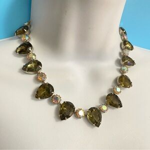 Vintage Smokey Green Tear Drop Glass Cabachons & AB Crystal Accents Necklace